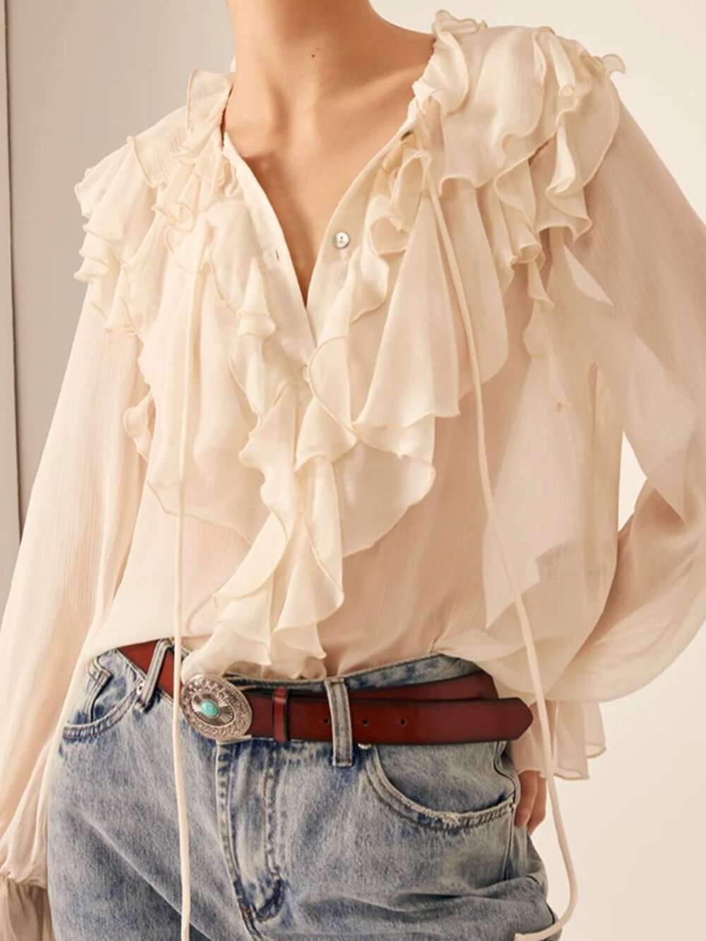 Commense Semi-Sheer Ruffle Chiffon Breasted Blouse M